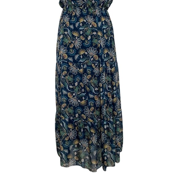 Lara Guidotti Dress L Navy Blue Floral Sleeveless Ruffle Midi Silk Blend Italy - Picture 9 of 12